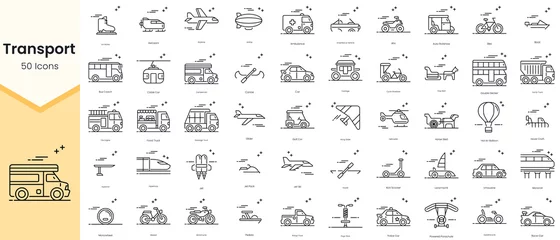 Fotobehang Simple Outline Set of Transportation Icons. Thin Line Collection contains such Icons as aerosani, airplane, airship, ambulance, amphibious vehicle and more © TriMaker