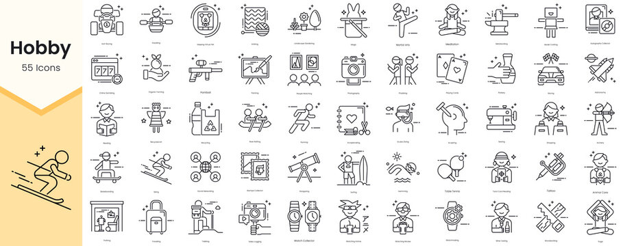 Simple Outline Set of Hobby Icons. Thin Line Collection contains such Icons as jigsaw puzzle, jumping rope, karaoke, kart racing and more