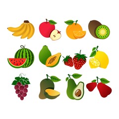 Collection Of Fruits Flat Icons, Fruits Set On White Background