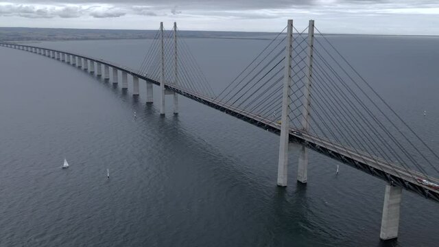 Aerial view of Oresund bridge during a cloudy day, the bridge between Denmark and Sweden.