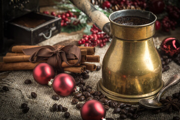 Turkish coffee in copper coffe pot