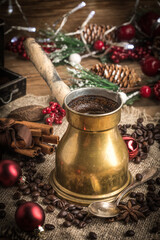 Turkish coffee in copper coffe pot
