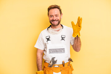 middle age man feeling happy, surprised realizing a solution or idea. handyman and repair concept