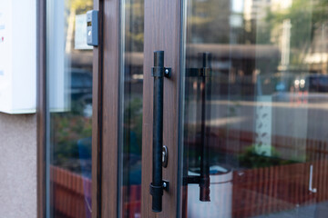 close up of office building door, glass door.