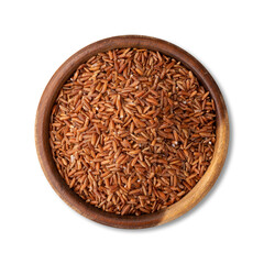 Raw red rice on a wooden bowl isolated over white background