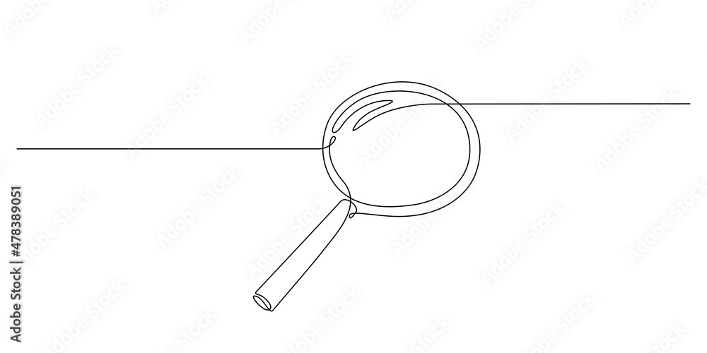 Poster magnifying glass in continuous one line drawing. concept of business analysis in simple outline styl