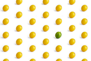Pattern of lemons and one lime on a white background