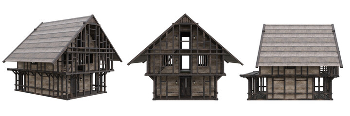 3 views of an old wooden medieval house. 3D illustration isolated on white.