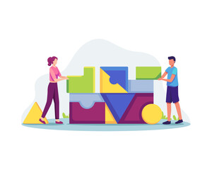 Group of people working together as team. People organize abstract geometric shapes, People put the puzzle. Vector illustration in a flat style