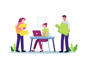 People working together illustration. Startup team looking for new solutions and ideas. Vector illustration in a flat style