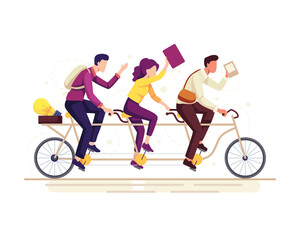 Teamwork vector illustration. Business people riding a bike, People in a team on tandem bike moving towards to achieve common goals. Vector in a flat style - obrazy, fototapety, plakaty