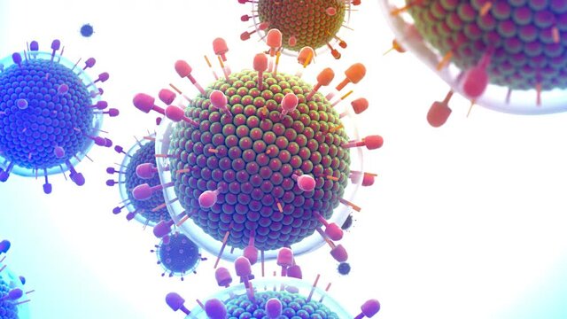 Paramyxovirus mumps , covid-19, Coronavirus Close-up of virus under microscope. Realistic high quality medical 3d animation.