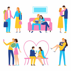 Happy romantic couple on a date. Set of characters isolated on white background. Valentines Day concept. Vector illustration for banners, posters, postcard. Flat.
