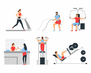 Fototapeta na wymiar Group of people in the gym. Men and women doing exercises on sports equipment. Healthy lifestyle.Flat vector illustration isolated on white background.