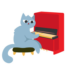 Cat plays the piano. Cute character in doodle flat style