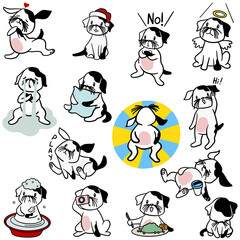 Raster illustration set of cute and funny cartoon little dogs, pet puppies.