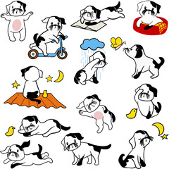 Raster illustration set of cute and funny cartoon little dogs, pet puppies. - 478390869