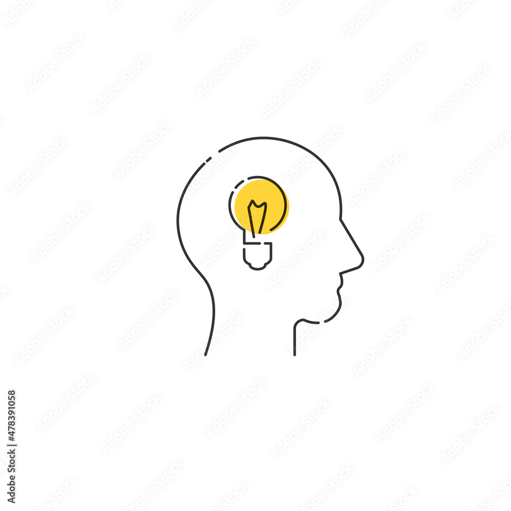 Poster idea head linear icon. problem solving concept. head and light bulb outline vector icon. stock vecto