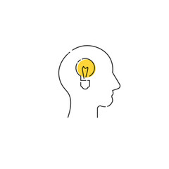 Idea head linear icon. Problem solving concept. Head and light bulb outline vector icon. Stock vector illustration isolated on white background