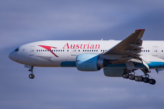 Austrian Airlines Boeing 777 landing at airport Vienna in Austria arriving from Cancun