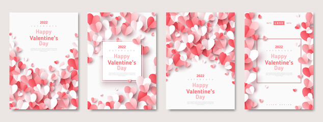 Valentine's day concept posters set. Vector illustration. 3d red and pink paper hearts with frame borders. Cute love sale banners, vouchers or greeting cards - obrazy, fototapety, plakaty