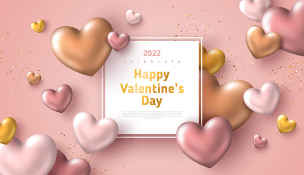Valentines day rose gold poster wth square frame. Vector illustration. 3d pastel golden hearts with place for text message. Love sale banner, voucher or greeting card. Valentin holiday concept header