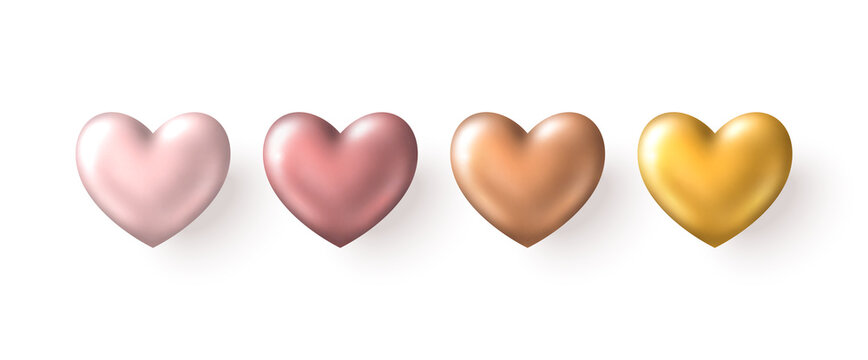 Valentine's day rose gold heart set isolated on white background. Vector illustration. 3d pastel golden love symbol. Valentin holiday icon, concept header pattern, glossy balloon, copper bronze color