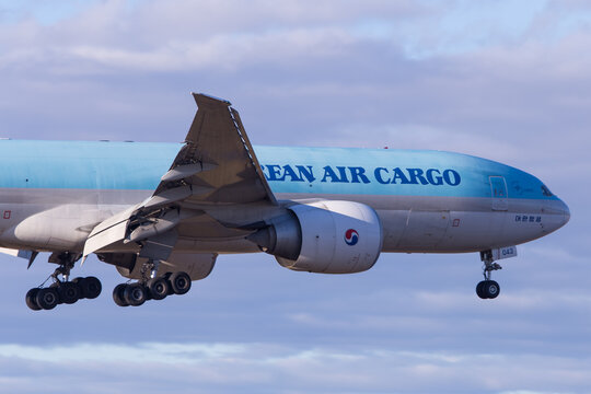 Korean Air Cargo Boeing 777 landing at airport Vienna in Austria arriving from Seoul, Korea