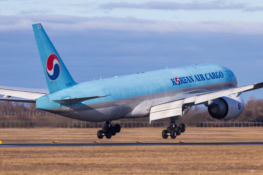 Korean Air Cargo Boeing 777 landing at airport Vienna in Austria arriving from Seoul, Korea