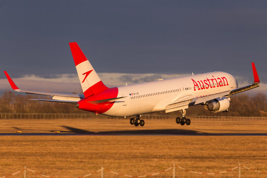 Austrian Airlines Boeing 767 landing at airport Vienna in Austria arriving from Chicago