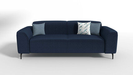 Dark blue sofa, on a white background, with decorative pillows