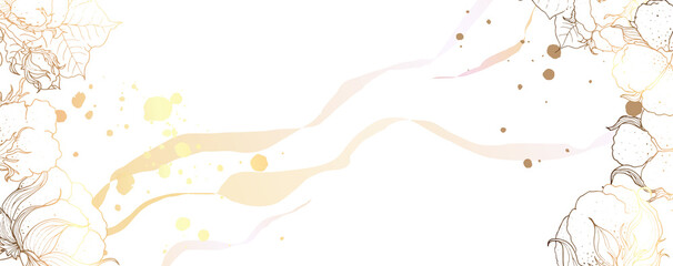 Square gold frame made of golden branches with cotton on a white background. Minimalism of forms in a square frame and abstraction. Leaves with plant flowers. Vector illustration.