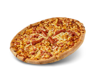 Pizza with cheese and tomato sauce isolated on white background. Deliciouse sausage topping.