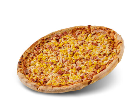 Pizza with cheese and tomato sauce isolated on white background. ham, maize and chicken topping.