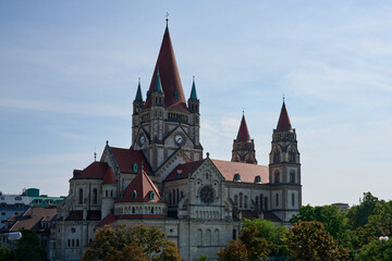 Fototapeta na wymiar St. Francis of Assisi Church in Vienna. A Church looking like a wizard-castle.