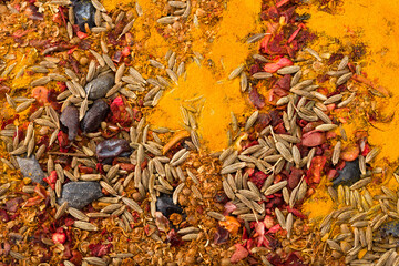 variety spices and herbs on background. spices texture. top view