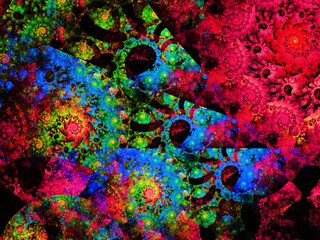 Composición de arte digital fractal consistente en formas en espiral coloridas sobre fondo negro con apariencia de ser un caos espacial de galaxias luminosas.