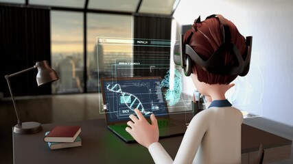 The man searching work about data information human analysis hologram HUD. with virtual reality technology grass in office.3D rendering futuristic technology conceptual. - Powered by Adobe