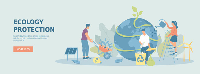 Ecology protection. Save earth planet, ecology, energy. Use renewable resources for protect nature. Promotional web banner. Cartoon flat vector illustration with people characters.
