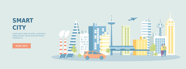 Smart city. Urban landscape with building architecture, communication, infrastructure, transportation, services, eco energy. Promotional web banner. Cartoon flat vector illustration.