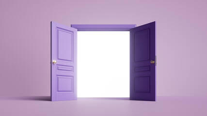 3d render, double door opened, white blank space inside. Architectural or interior element isolated on violet background