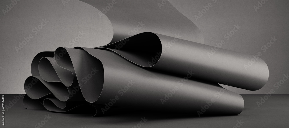 Aufkleber 3d render. abstract black background with wavy ribbon inside dark room. folded fallen scroll