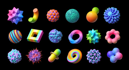 3d render. Set of abstract objects, geometric shapes, assorted signs and symbols, clip art isolated on black background. © NeoLeo