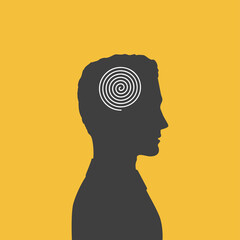Man with spiral line in head. Ordered thoughts, calm mind and mental health poster.