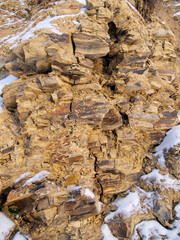 Rock outcrops of the Permian period on the Kama river. Cape Strelka. Permian reference sediments.