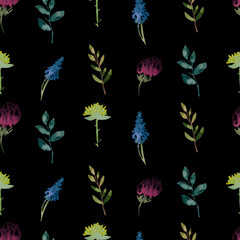 Blooming meadow flowers in many kind of florals hand drawn style seamless pattern. Design for fashion,fabric,web,wallpaper,wrapping on black background color