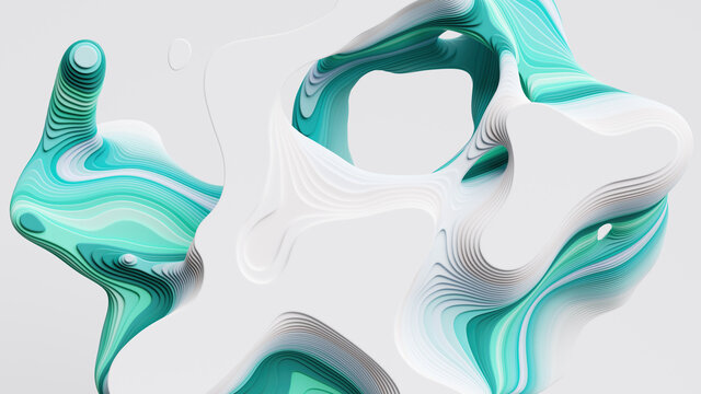 3d render, abstract white background with mint green flat shapes and wavy lines