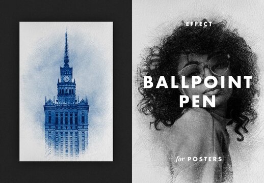 Ballpoint Pen Sketch Poster Photo Effect Mockup