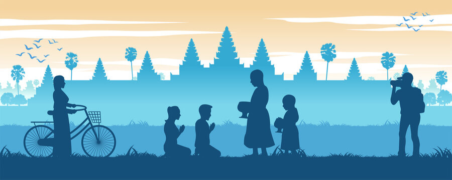Asean scenery country background of Cambodia with Angkor wat and monk walk to recieve food while tourist take photos,vector illustration