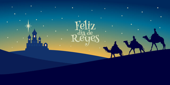Tarjeta de felicitación de Reyes Magos. Tres reyes llegando a Belén.